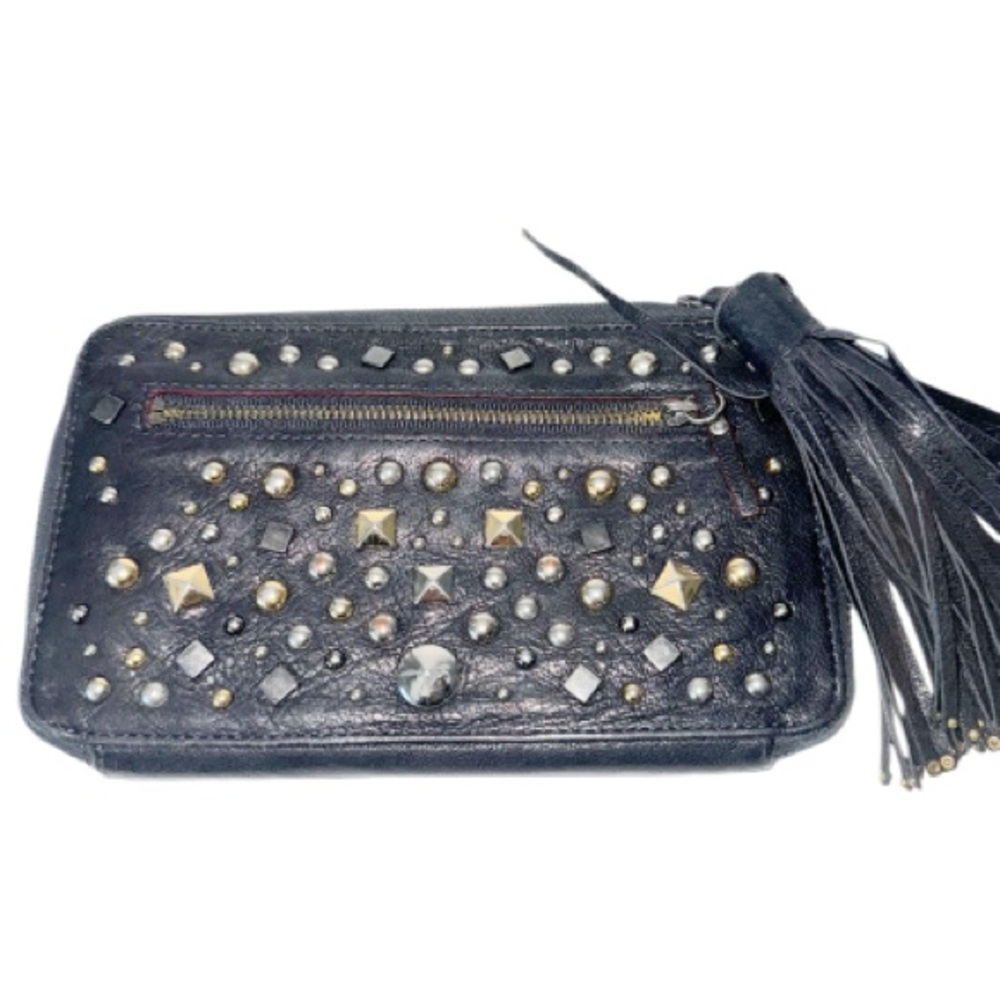 MZ Wallace Wallet Metallic Studs Black Leather Clutch Fringe